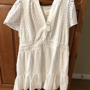 Anthropologie Sundress White Eyelet lined mini dress. V neck with elastic waist.
